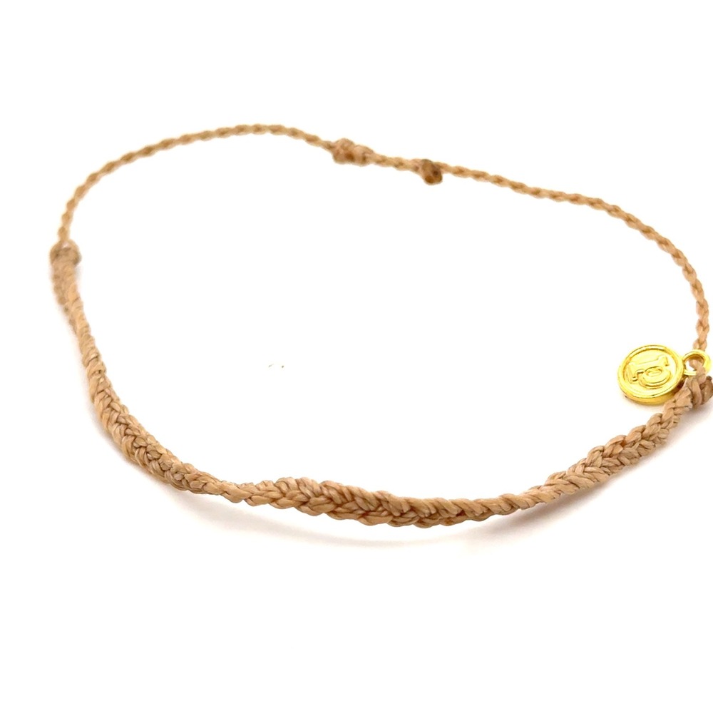 Pura Vida Braided Cord Bracelet Tan Sand Gold Tone Charm Adjustable Boho